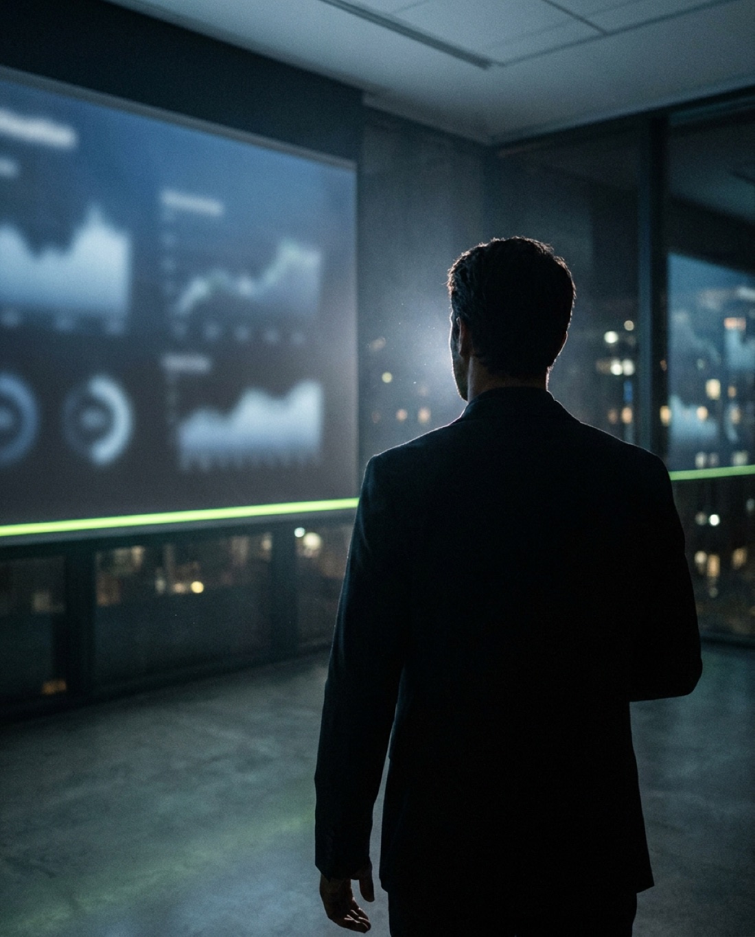 A founder presenting a pitch deck on a large screen in a modern office